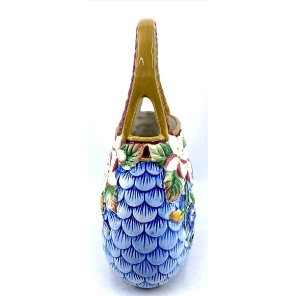 Ceramic Handbag Purse Planter Plumeria Fish Scale Tropical Hawaiian 10" Porcelai - Picture 6 of 9